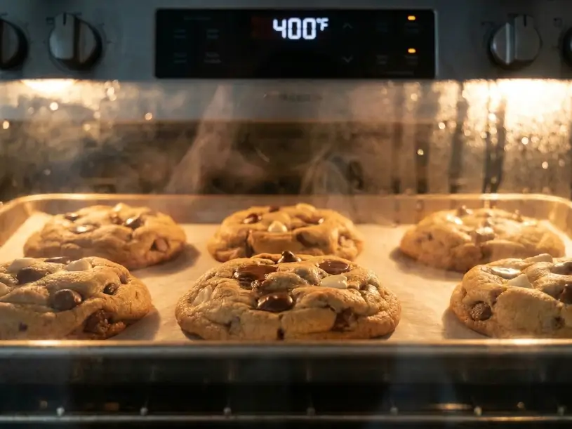 triple chocolate chip cookies baking in oven with melted chocolate puddles forming on top