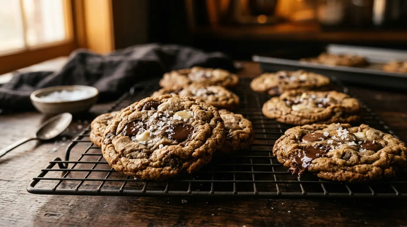 freshly baked triple chocolate chip cookies cooling on wire rack with melted chocolate puddles and flaky sea salt