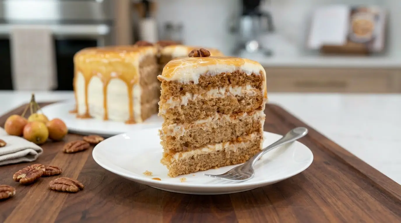 banana cake with cream cheese frosting sliced and served on white plate