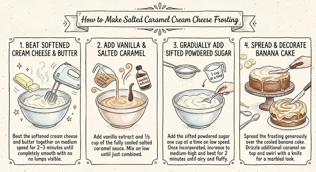 salted caramel sauce drizzled over cream cheese frosting on banana cake creating marble swirl