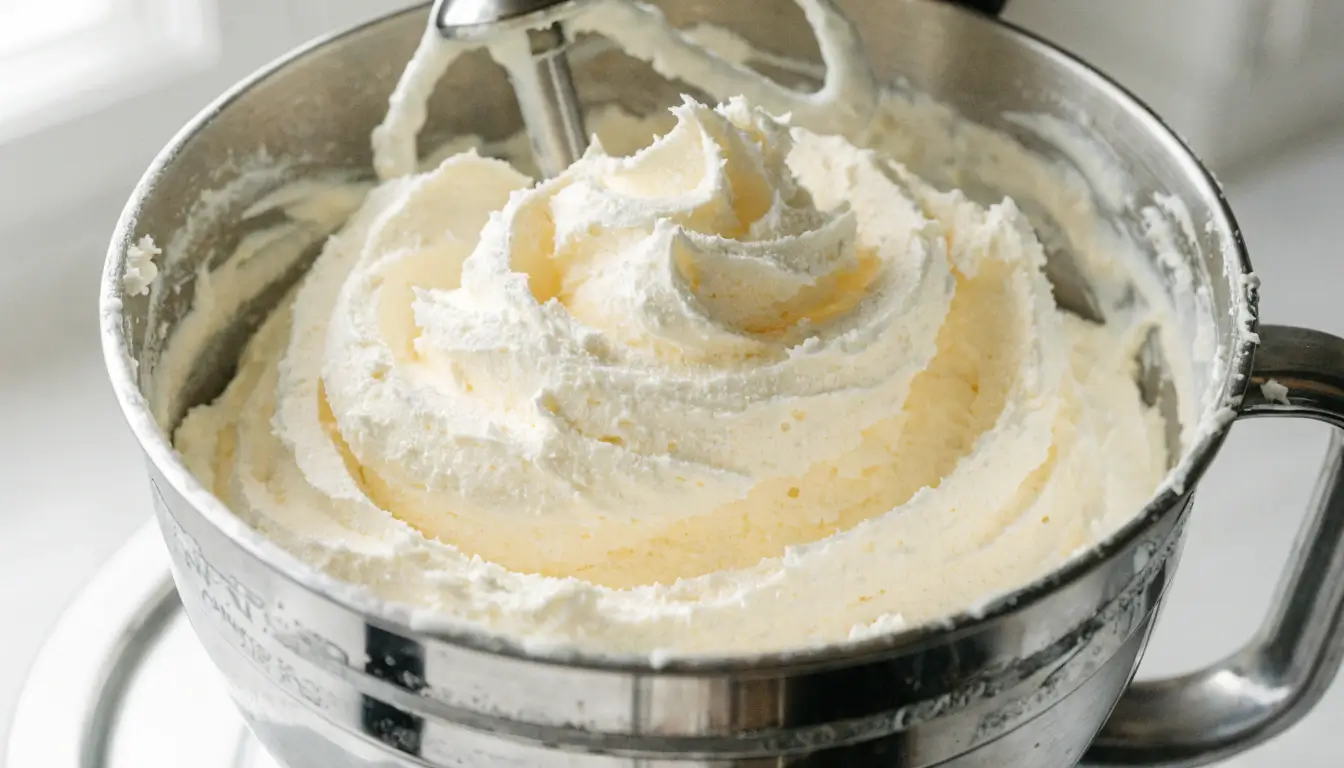 pale ivory fluffy butter and sugar creamed in silver stand mixer bowl for s'mores cookies