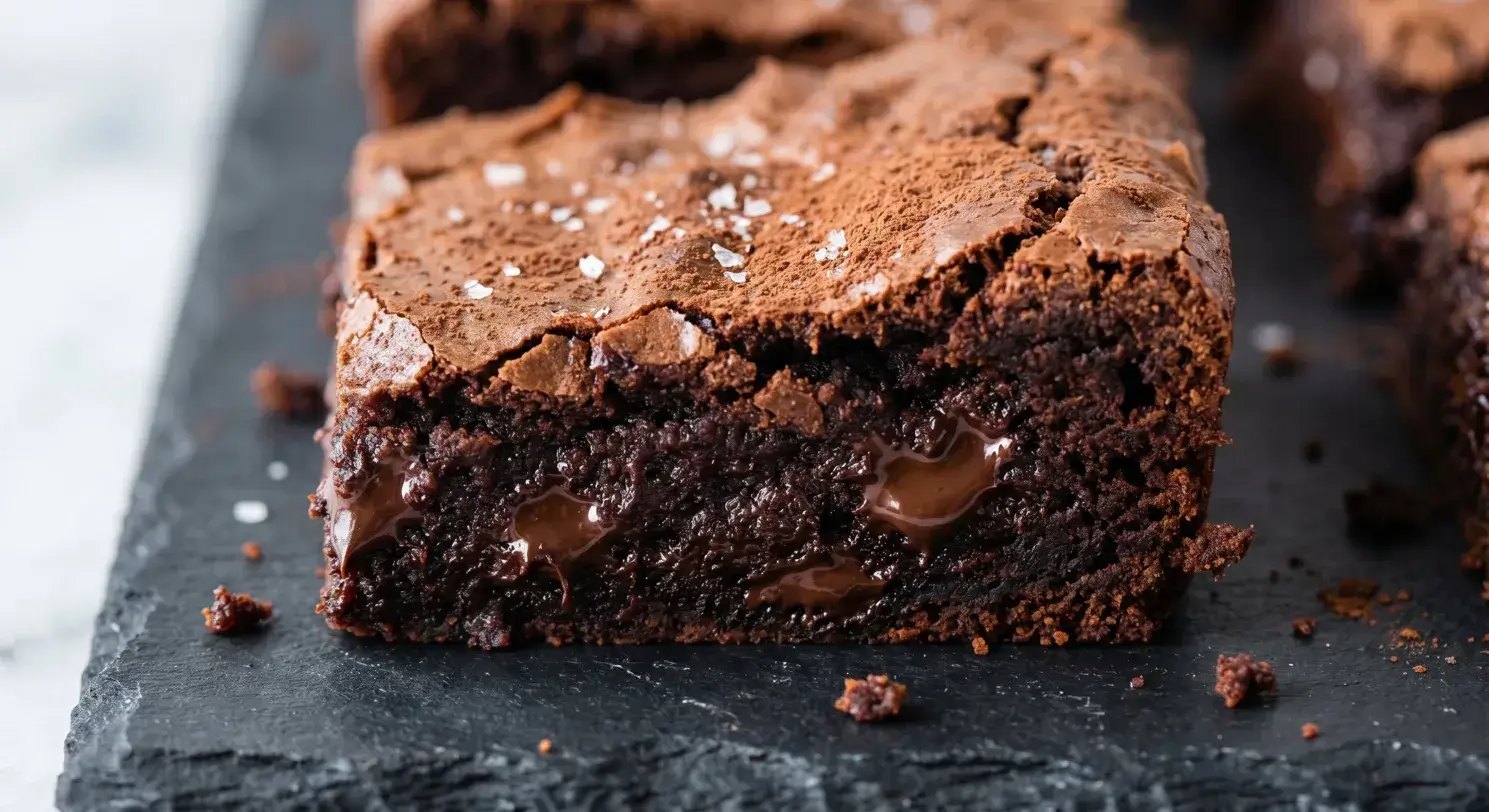Close up of a sliced sweet potato brownie showing the dense fudgy interior with melted chocolate chips