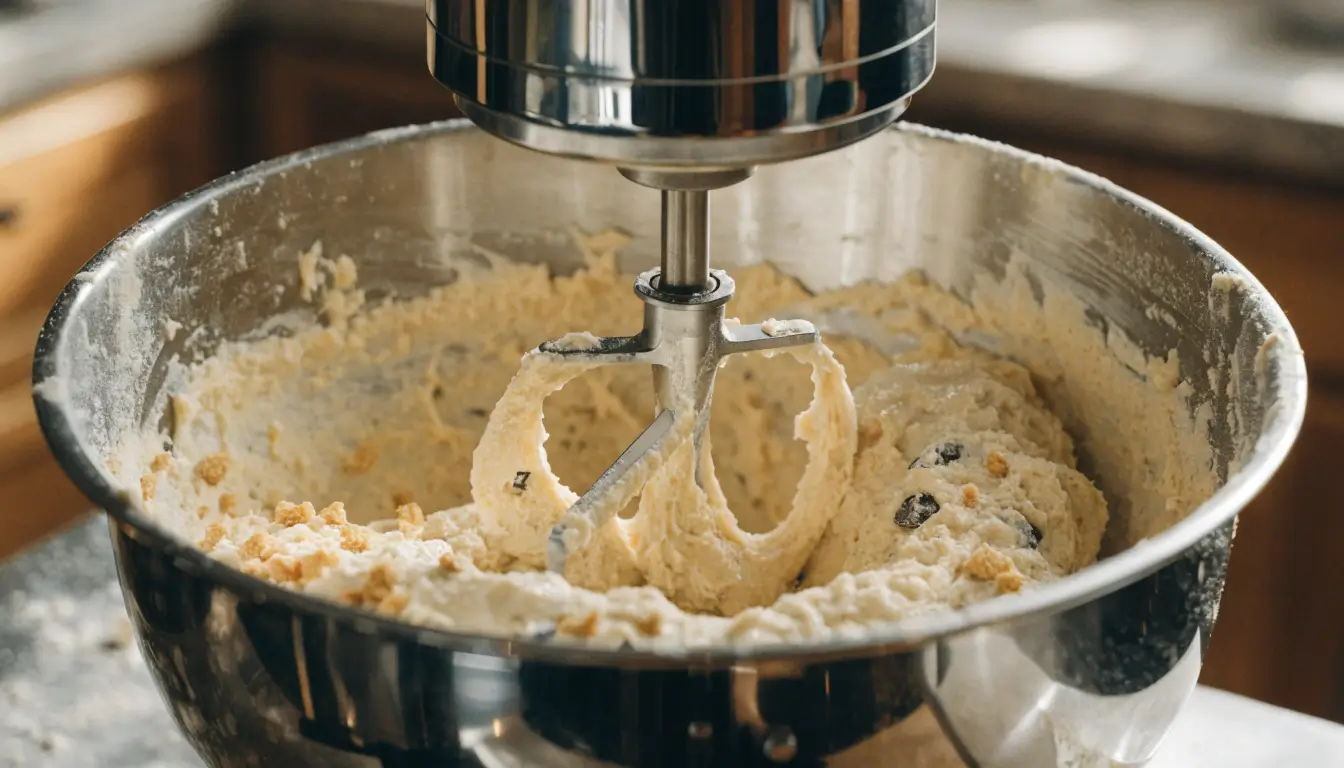 s'mores cookie dough being mixed in a silver stand mixer bowl with paddle attachment and graham cracker crumbs visible