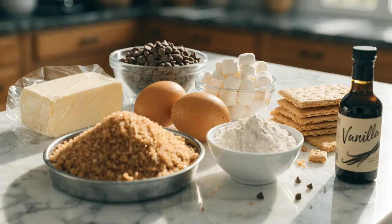 s'mores cookies ingredients on white marble including butter eggs chocolate chips mini marshmallows graham crackers flour and vanilla extract