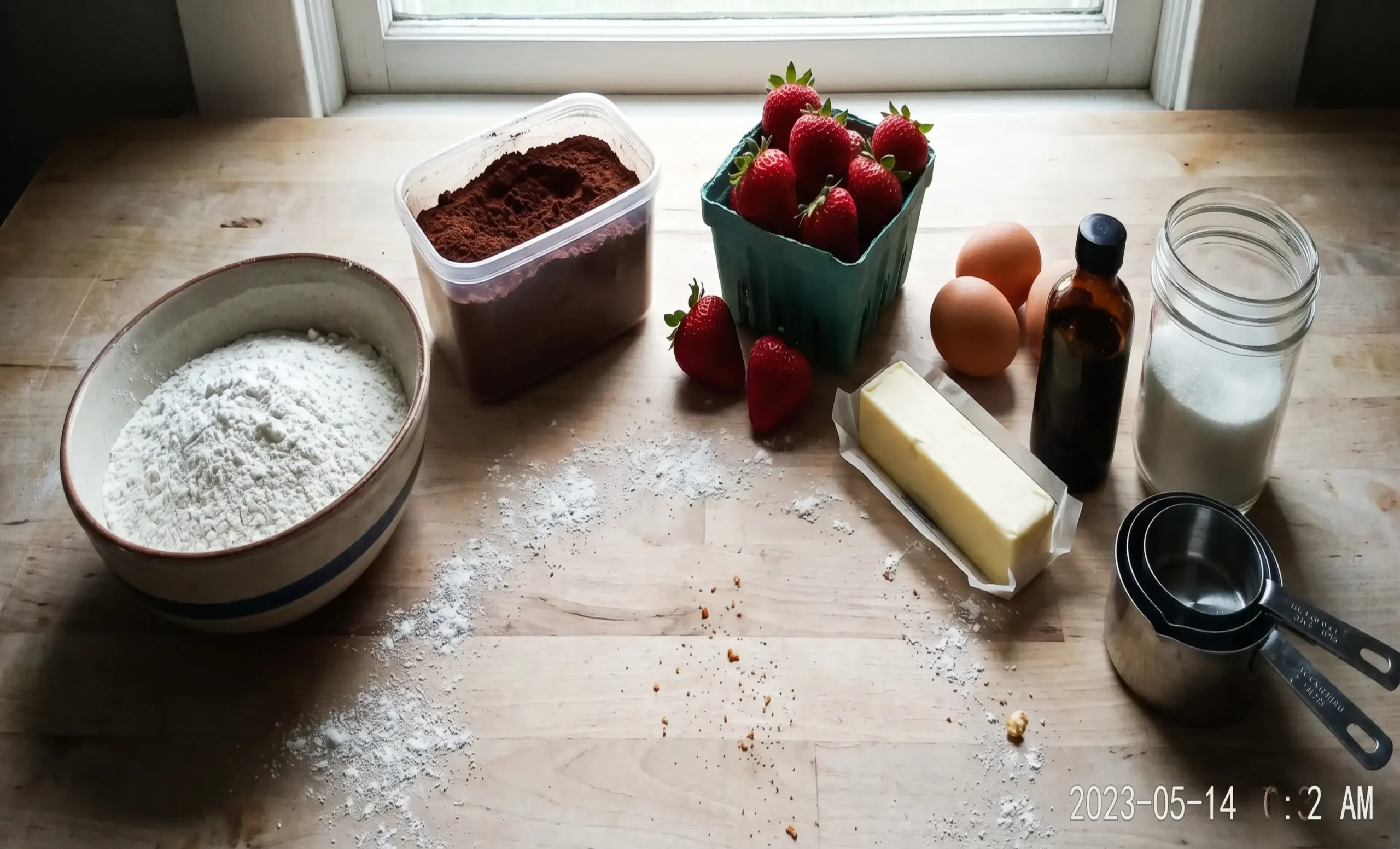 All ingredients for strawberry chocolate cake laid out on a wooden counter: flour, cocoa powder, fresh strawberries, butter, eggs, and vanilla extract