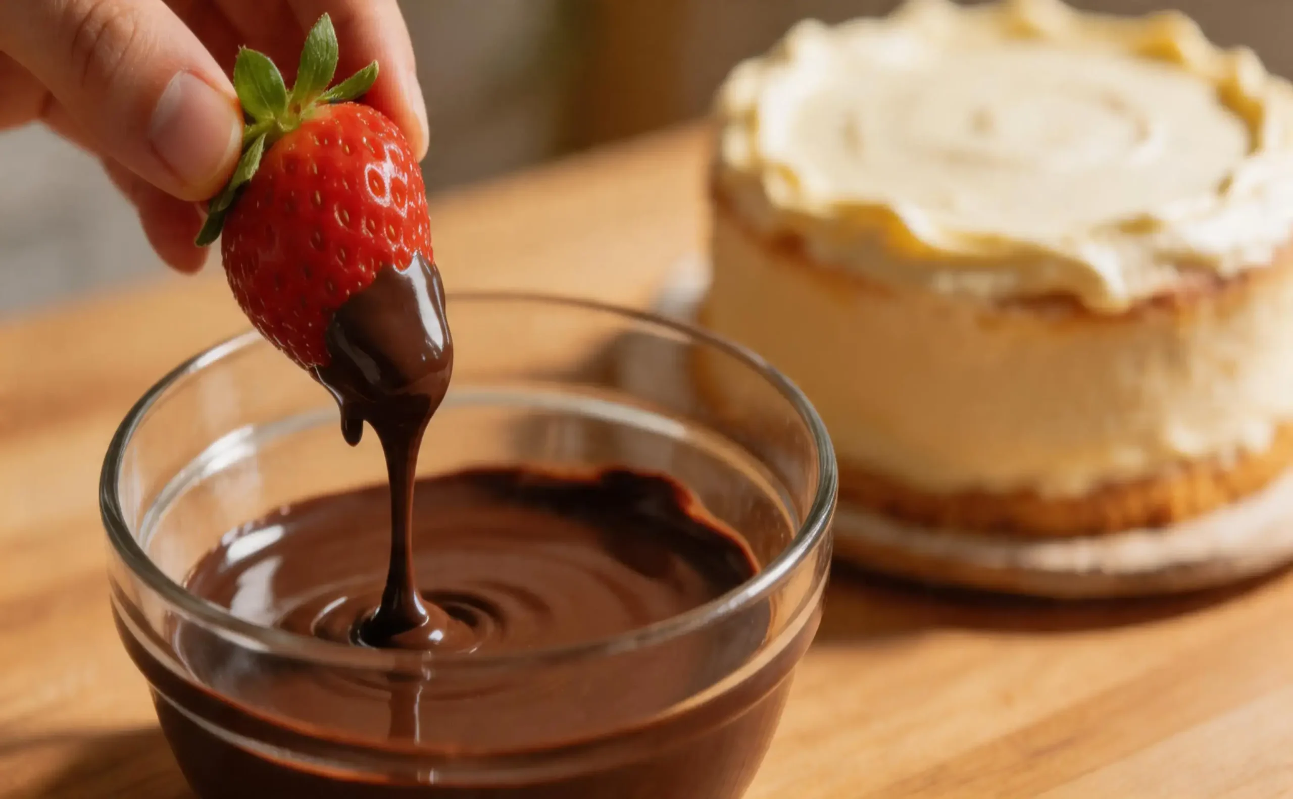 Decorating strawberry chocolate cake with chocolate covered strawberries arranged in a circle on top