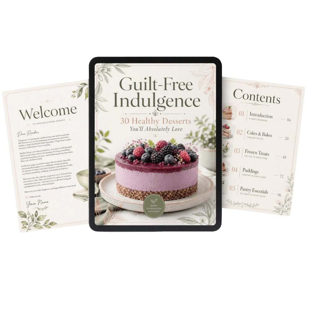 Guilt-Free Indulgence ebook mockup — tablet showing cover with side pages