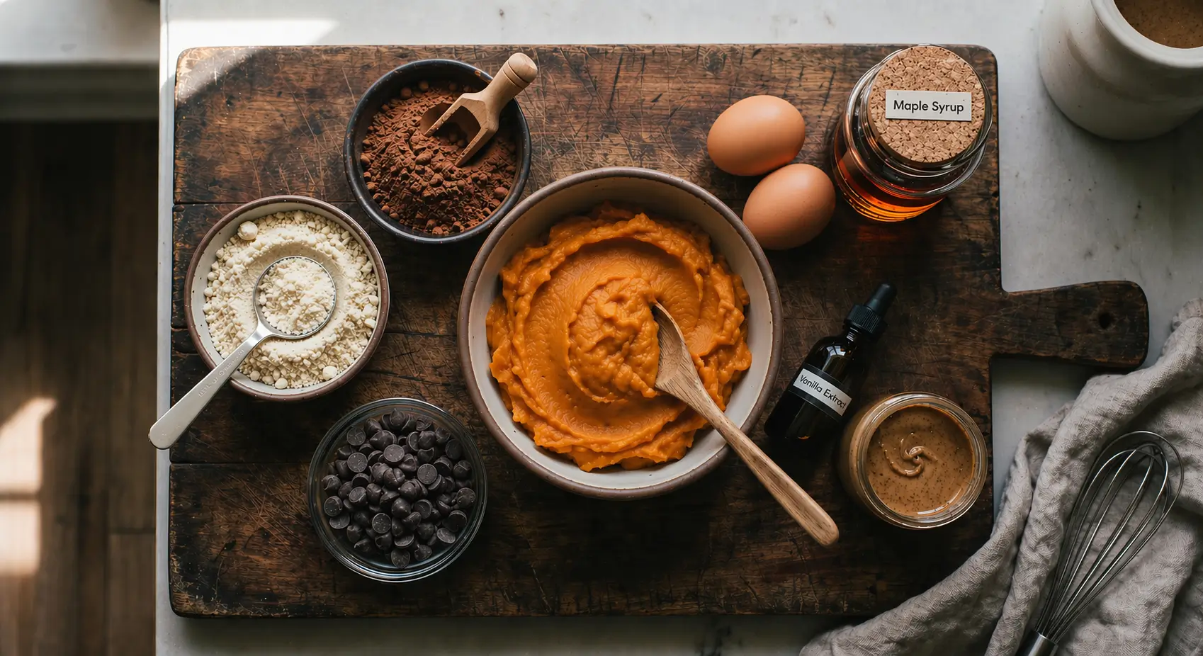 Ingredients for sweet potato brownies including mashed sweet potato cocoa powder almond flour maple syrup eggs and dark chocolate chips on a wooden board