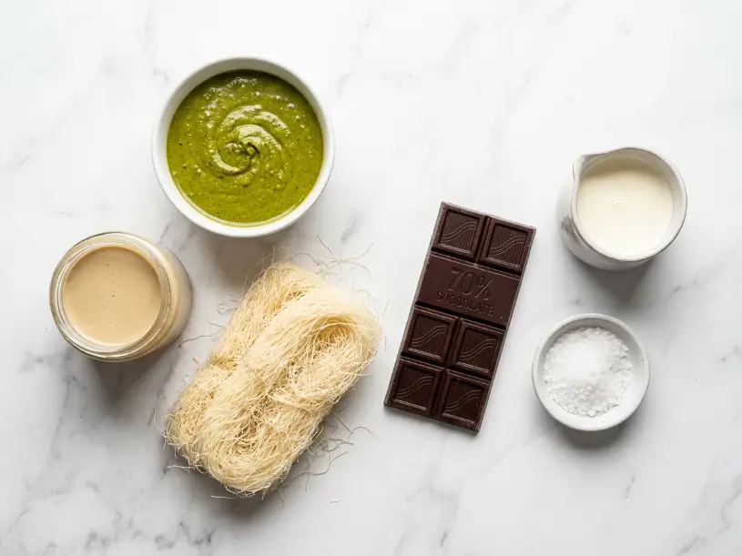 ingredients for dubai chocolate cake including kataifi pastry pistachio paste dark chocolate heavy cream and tahini on marble surface