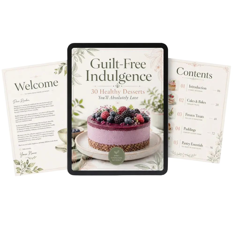 Guilt-Free Indulgence ebook — tablet showing cover with side pages